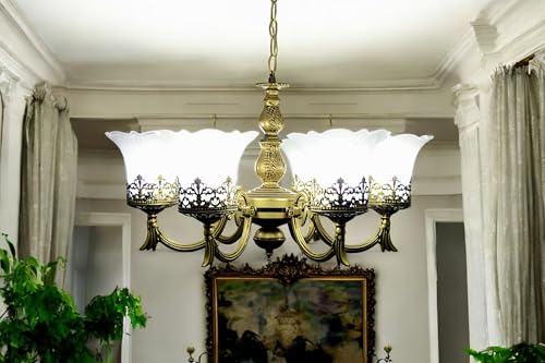 Image of Prop It Up Antique Chandelier, 6 Light Glass Shades, Antique Brass Finish, Victorian Style, Without Bulb