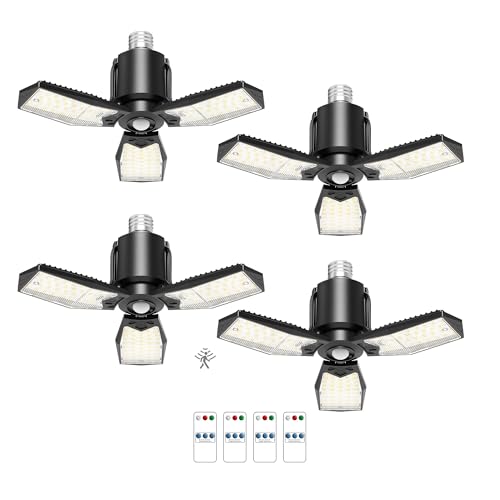 4 Pack Garage Lights with Motion Sensor, 8000LM Motion Sensor Light Bulb Indoor with 360° Detection, Screw-in 6500K Motion Activated Shop Lights for