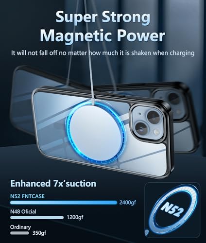 Image of FNTCASE for iPhone 15 Case Clear: iPhone 14 /13 Case Magnetic Phone Cases with Screen Protector Compatible with Magsafe Slim Anti Yellowing Rugged Protective Transparent Cell Cover (B-Black)