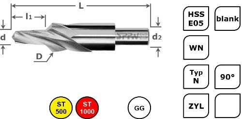 Kurzstufenbohrer HSS-E05 90° L:45x9 Ø3,2x6,5 - M3