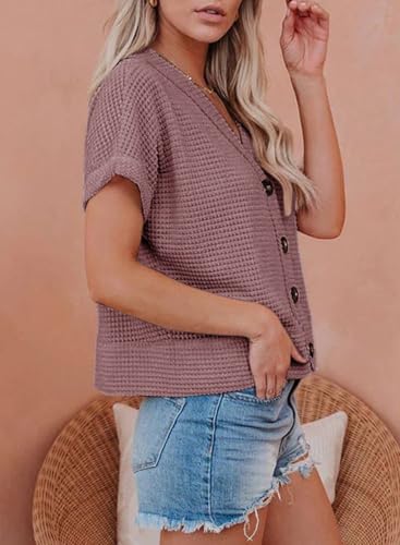 Image of Dokotoo Womens Summer Tops 2026 Waffle Knit Button Down Shirts Casual V Neck Short Sleeve Shacket Jacket Dressy Blouses