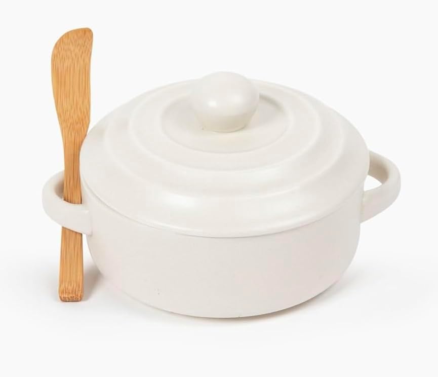 Miniatura 7 de Brie Baker con tapa y esparcidor, plato para hornear de cerámica blanca para queso, brie horneado, fondue, dip  recipiente para horno  5 pulgadas