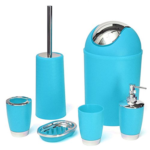 INLAR Bathroom Sets Accessories 6PCS Includes Toothbrush Holder,Waste Bin,Soap Dish,Toilet Brush,Rinse Cup Sprayer Bottle(Blue)
