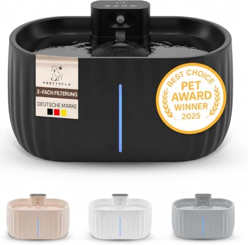 Pretty Paw Katzenbrunnen Kabellos mit Bewegungsmelder 3L, Schwarz | 45 Tage Akku, Trinkbrunnen für Katze, Wasserbrunnen für Katzen mit Filter, 3 Modi, 3 L Wassertank, Bewegungsmeld
