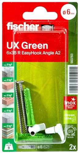fischer Universaldübel UX Green 6 x 35 R EasyHook Angle, nachhaltige Allzweckdübel mit Rand für optimalen Halt in unterschiedlichen Baustoffen, mit Edelstahlschrauben A2 und Winkelhaken, 2 Stück