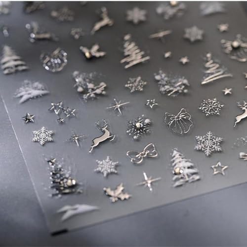 Image of Christmas Silver Nail Stickers Snowflake Nail Art Decals 5D Embossed Self Adhesive Rhinestone with Design Christmas Tree Nail Decals for Nails Art Reindeer Nails Supplies for Women DIY Manicure