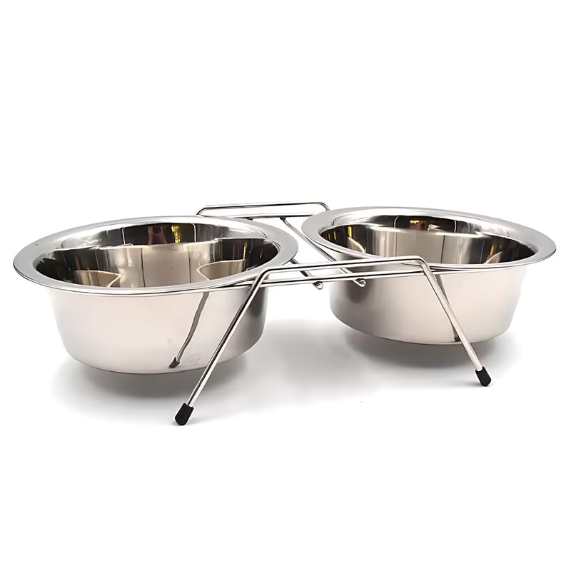 Image of Pets Empire Stainless Steel Dog Cat Double Diner Pet Bowl - 2 Pet Dishes Package Set for Drinking or Eating Dog Bowl (1 Piece) (200 ML)