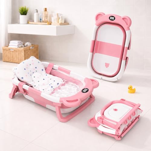 Image of TINSY Foldable Baby Bath Tub with Built-in Water Thermometer & Soft Head Support Pillow | Portable Newborn Bathtub | Anti-Slip Legs | Space-Saving Infant Bath Tub for Babies & Toddlers | Blush Pink