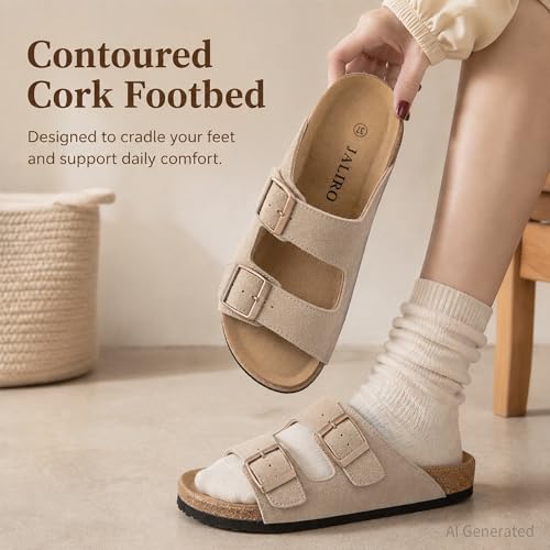 JALIRO Women's Cork Sandals, Suede Upper, Double Buckle, Arch Support & Non-Slip for Summer Wear, Light Grey, size 11 - image 5