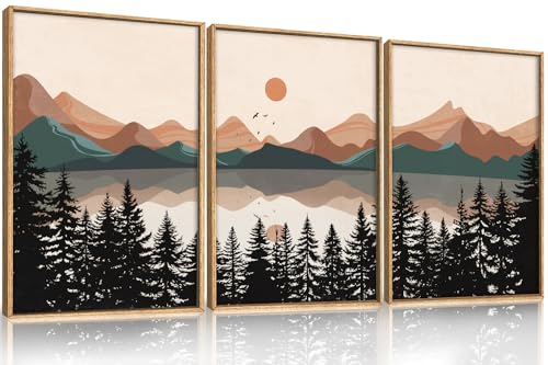 Image of KAIRNE Boho Mountain Sunset Framed Canvas Wall Art Set,Colorful Mid Century Forest Wall Decor,Beige Nature Pine Tree Art Prints,Abstract Modern Landscape Artwork for Living Room,Bedroom,Farmhouse,Office-16 inchx24 inchx3