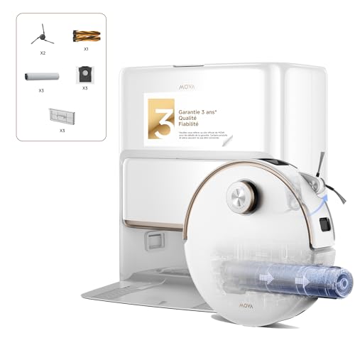 Mova Robot aspirateur Z60 Ultra Roller Complete avec Fonction d'essuyage, Nettoyage HydroForce, Technologie AutoShield, boîtier LiftPro et système StepMaster 2.0, Puissance d'aspiration 28 000 Pa