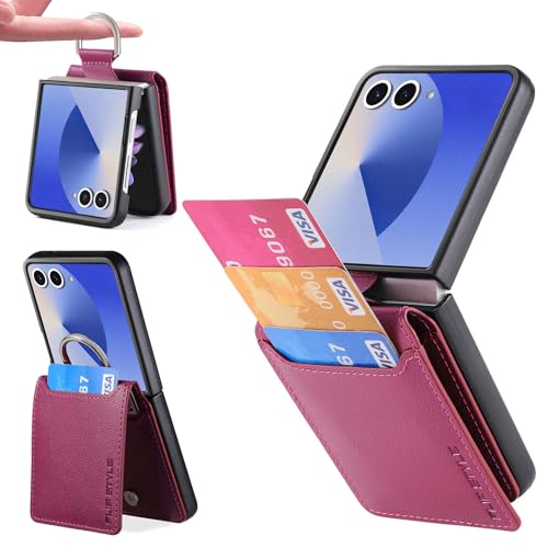 for Samsung Galaxy Z Flip 7 Case Wallet with Card Holder,Luxury PU Leather Protective Phone Case Kickstand Full Coverage Pocket Ring Case for Samsung Galaxy Z Flip 7 Hot Pink