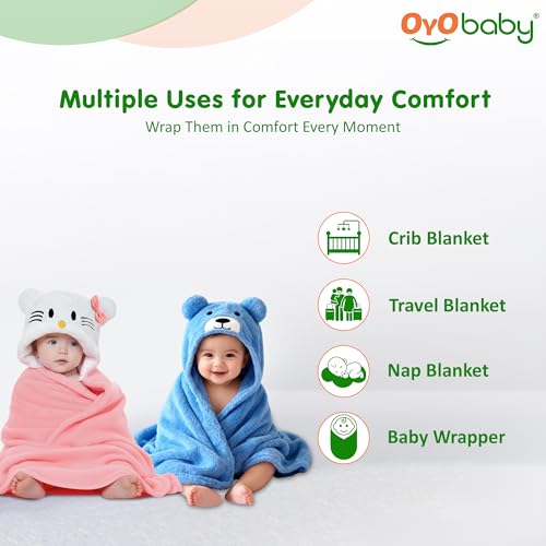 Image of OYO BABY Newborn Baby Blanket & Bath Towel /Bath Robe Combo Pack - 2 Pieces, Fleece (Pink Kitty & Blue Bear), Multi-Use for Babies 0-12 Months