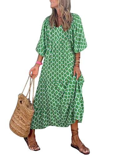Image of miduo Womens Loose Fit Casual Summer V Neck Half Sleeve Bohemian Geometric Pattern Maxi Long Dresses