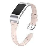 bayite Bands Compatible Fitbit Charge 2, Slim Genuine Leather Band Replacement Accessories Strap Charge2 Women Men, Pink Small
