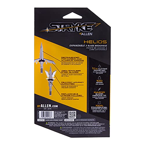 Stryke Helios 2 Blade Steel Expandable Broadhead By Allen, Swift Terminal Performance, 100 Grain, 1.75 (1 3/4) Inch Cutting Diameter, 3 Pack, Metal #TOP6