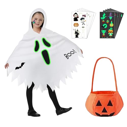 Disfarce fantasma para crianças, capa de fantasma para crianças com bolsa de abóbora, disfarces de Halloween Ghost para crianças, disfarce de fantasma branco silencioso, para Halloween, carnaval, festa temática (M)