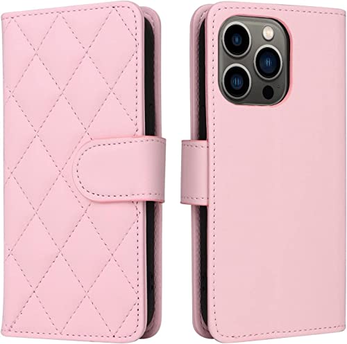 Étui pour iPhone 14 anti-chute avec porte-monnaie housse à rabat magnétique rose