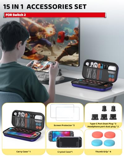 Image of Switch 2 Accessories Bundle for Nintendo Switch 2 2025(All in One Case Kit) | Portable Hard Shell Slim Case with Crystals Protective Cover kit, 2 HD Screen Protectors (7.9 Inch),Dust Plugs, 4 Thumb Grips