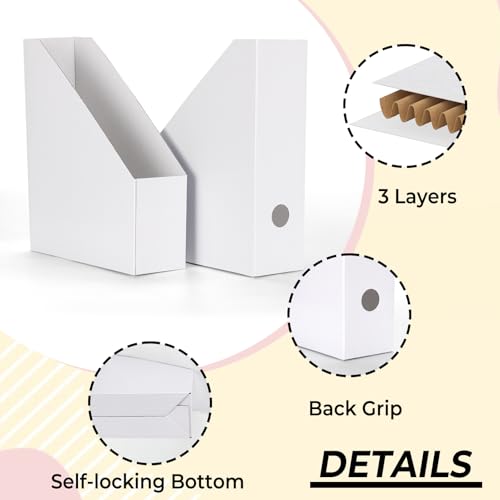 HORLIMER 12 Stück Weiß Stehsammler A4, Zeitschriftensammler aus Karton – Zeitschriftenhalter-Organizer mit Etiketten für Bücher, Dokumente – 25,4x8,5x30,5 cm