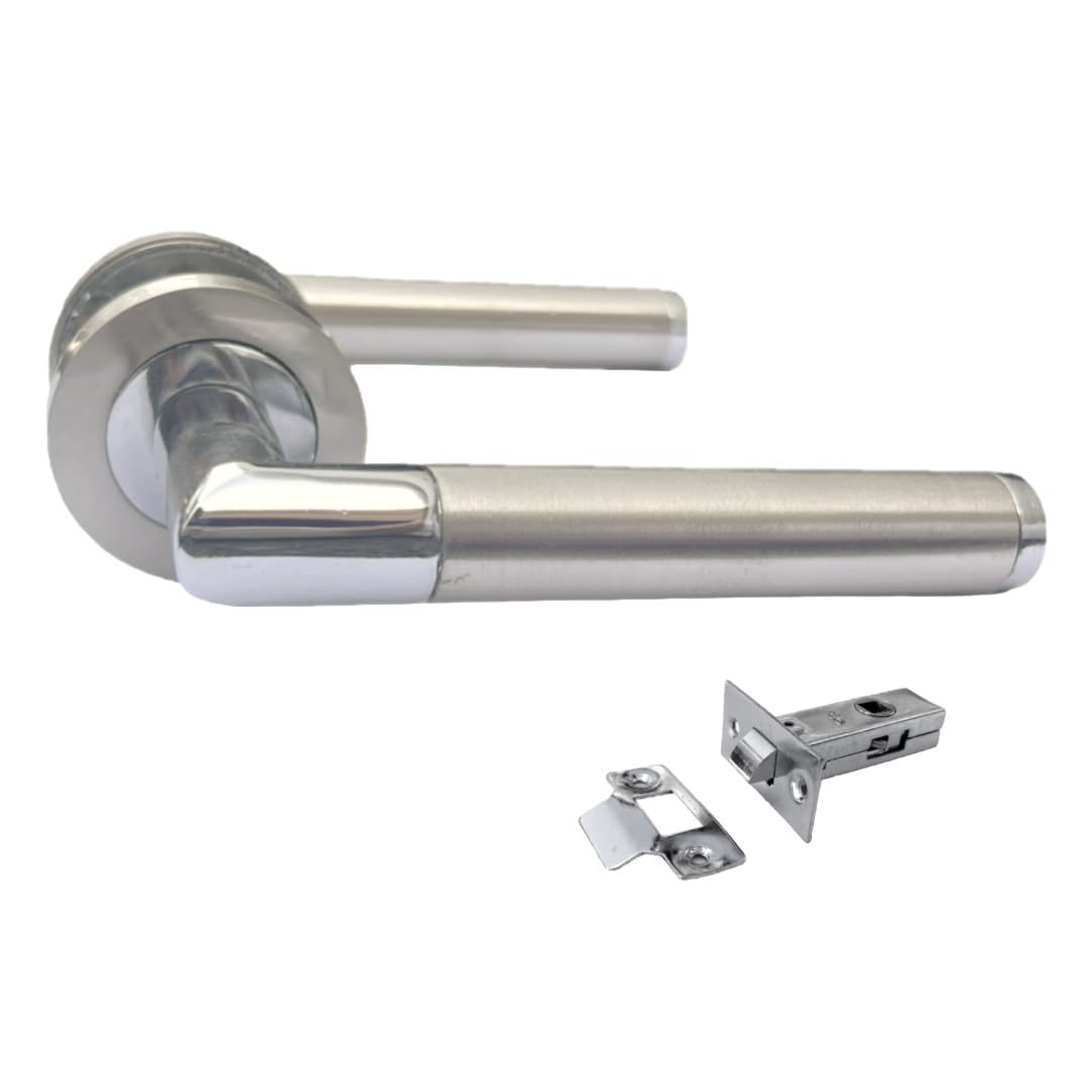 Door Handle Internal Chrome & Satin Duo Mitred Door Handle Set,Sash Lock Interior Latch Lever on Rose, Door Latch Chrome,Door Handle Latch (6 Pair of Handles) (1 Pair of Handles + Tubular Latch)