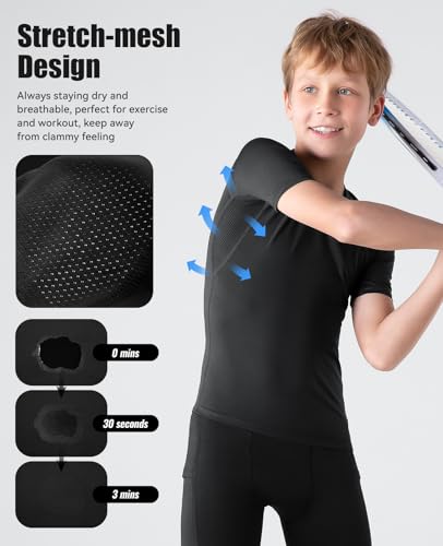 Niksa 1/2/3 Pack Boys Compression Shirt Short-Sleeve, Youth Athletic Quick Dry Undershirt Kids Sport Base Layer T-Shirt for Baseball Football3