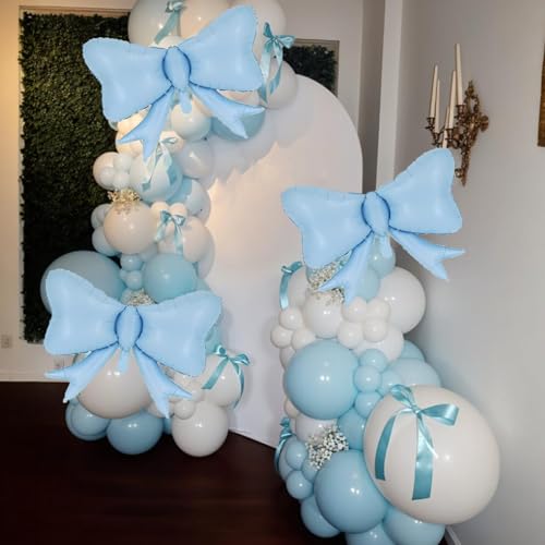 Image of 5pcs Blue Bow Balloon, Large Retro Blue Bows Balloons, Boho Giant Bow Foil Balloon For Birthday Baby Shower Girls Women Party Wedding Bridal Shower Bachelorette Engagement Graduation Decorations