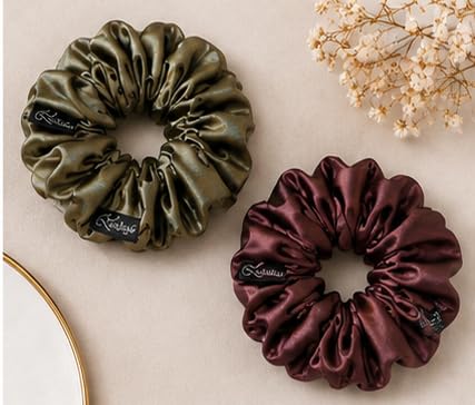 Lekshika Premium Satin Scrunchies for Women & Girls | Soft Silk Hair Scrunchies with Strong Elastic | No Hair Damage Ponytail Holder | Gentle Hair Ties for Thick, Curly & Straight Hair | Olive Green & Burgundy 4