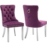 ODUSE-DAILY Velvet Dining Chairs Set of 2, Violet Kitchen & Dining Room Chairs, Nailheads Tufted Chair, Sillas De Comedor, Fabric Upholstered, Silver Chrome Metal Legs (Purple, 2 Pcs)