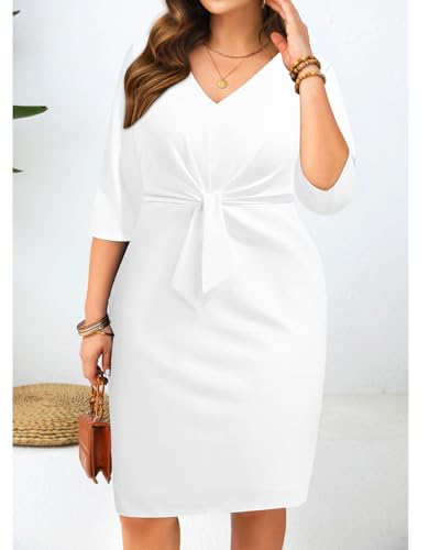 Pinup Fashion Women Plus Size Work Dresses - Wedding Guest Cocktail Semi Formal Tie Waist Sheath Dress3