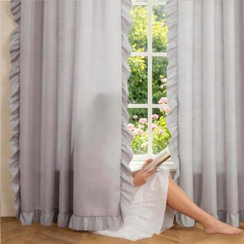 Grey Ruffle Non See Through Curtains for Bedroom 84 Inches Long 2 Panels