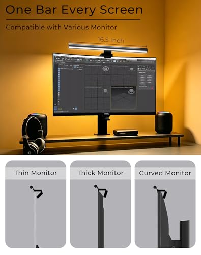 Image of 17.5 inch Monitor Light Bar for Flat & Curved Screens (0.3 inch-1.4 inch), Ultrawide Eye-Care Desk Lamp with Asymmetric No-Glare Light, Stepless Dimming, Premium Aluminum Screen Bar for Home Office