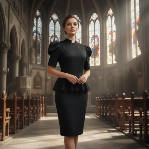 Image of Church Clergy Dresses for Women Minister Short Sleeve Ruffle Slim Pencil Dress with Tab Collar