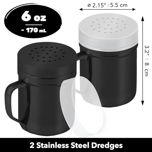 Image of CUSINIUM 6oz Black Stainless Steel Salt Pepper Dredge Shakers - With Plastic Cap - With Handle - Pack of 2