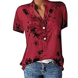 Blusen & Tuniken für Damen Bluse Kurzarm V-Ausschnitt Hemdbluse Sommer Shirt Blumen Knopfleiste Tunika Tops Oversize Locker Oberteil Longshirt Hemd (Rot, XL)