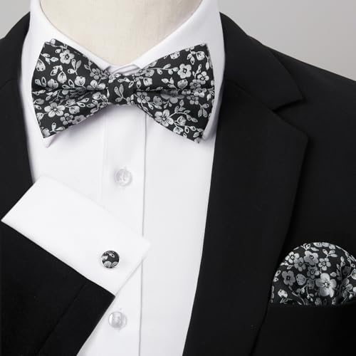 Image of HISDERN Bow Ties for Men Pre-Tied Bow Tie Floral Paisley Handkerchief Classic Formal Bowtie and Pocket Square Cufflinks Set