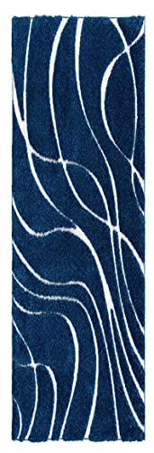 Image of (Pack of 2 Geometric Wave Shaggy Carpet for Living Room, Bedroom, High Low Design Finish Microfiber 1.8 Inch Pile High, 2x5 Feet Runner Navy|Ivory Color