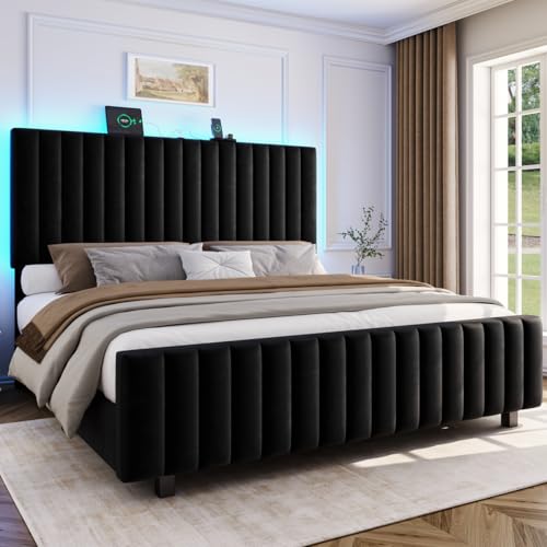 Otevehde 50 Tall Full Size Bed Frame with Adjustable Headboard Upholstered Platform Full Bed Frame with Charging Station & LED Lights Modern Luxury Velvet Tufted Bed No Box Spring Needed Black
