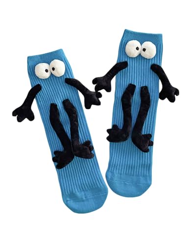 Acrawnni Magnetic Holding Hands Socks For Kids Boy Girl Funny Novelty Socks 3D Doll Big Eyes Friendship Mid-Tube Socks 1-12T (A-Blue, One Size)