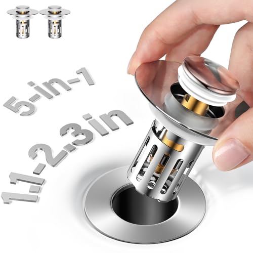 5-in-1 Bathroom Sink Stopper, 2 Pc Pop-Up Drain Stopper with Removable Hair Catcher, Anti-Clog Strainer, Odor Blocking & One-Way Flow Design, All Metal Brass Core & Stainless Steel, Fit 1.1'–2.36'