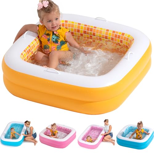 Image of Baby and Toddler Pool with Cushioned Floor, Handles and Drain - Skin Safe Small Square Inflatable Kiddie Pool, Portable Bathtub and Ball Pit, Summer Outdoor Gift for Babies, Infants & Toddlers 1-3