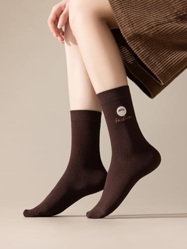 Image of 6 Pairs Women's Crew Socks - Cute Embroidery, Solid Color Cotton, Casual & Breathable Socks