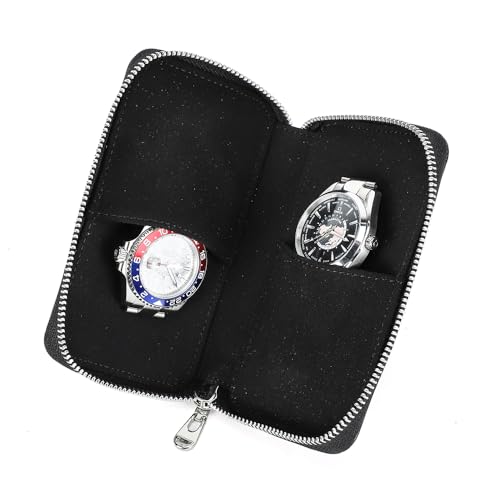 Image of CONTACT'S FAMILY Watch Box Travel Watch Storage Case Genuine Leather for 2 Watches Travel Watch Case Zipper Watch Pouch Vintage Watch Storage Box Watch Case Box For Men (Black)