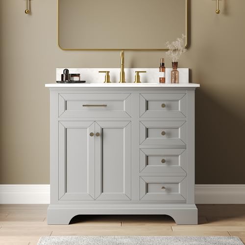 Image of DeerValley 36 inch Fully Assembled Bathroom Vanity with Ceramic Sink, Soft Gray Cabinet & Backsplash