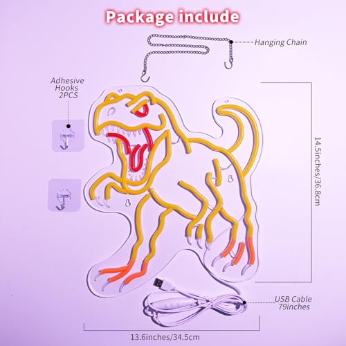 Image of Dinosaur Neon Wall Light - Gold T-Rex LED Decor for Man Cave, Game Room, Dinosaur Party, Gifts for Men /Teens, 14.5x13.6 inch USB Powered