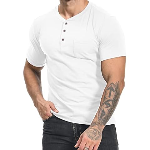 MLANM Mens Fashion Henley Shirts Short Sleeve Button Cotton T-Shirt with Pocket Medium, White Cover