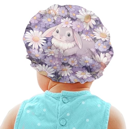 Image of Kids Satin Sleep Cap - Double Layer Satin Bonnet - Night Cap With Rabbit Daisy Print - Gifts for Frizzy, Curly or Straight Hair Toddler Children - Spring to Winter