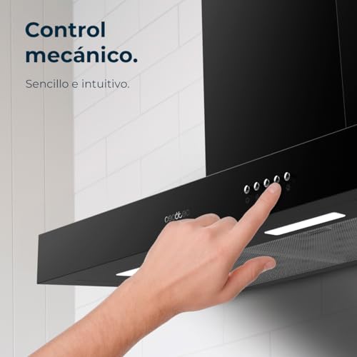 Cecotec Bolero Flux TM 606500 Black A Dunstabzugshaube, 60 cm, Motor 165 W, dekorativ mit Edelstahl-Finish, Saugleistung 650 m³/h, mechanische Steuerung, 3 Leistungsstufen, Licht und Kohlefilter