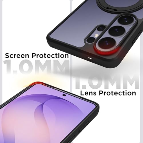 Image of RIGGEAR Shockproof Sleek Hybrid Armor 360 Rotating Magnetic Ring Stand Back Cover Case Compatible with MagSafe Accessories for Samsung Galaxy S26 Ultra (Clear PC + Black TPU Bumper)