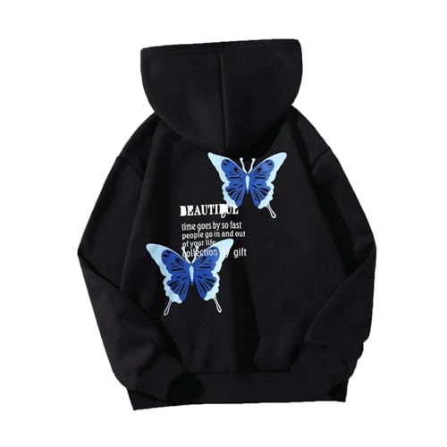 Youth Girls' Butterfly Hoodie Kids Letter Graphic Hoodies Oversized Pullover Sweatshirt Top Y2K Fall Winter Clothes Kids Clothes Girls (Black, 160)